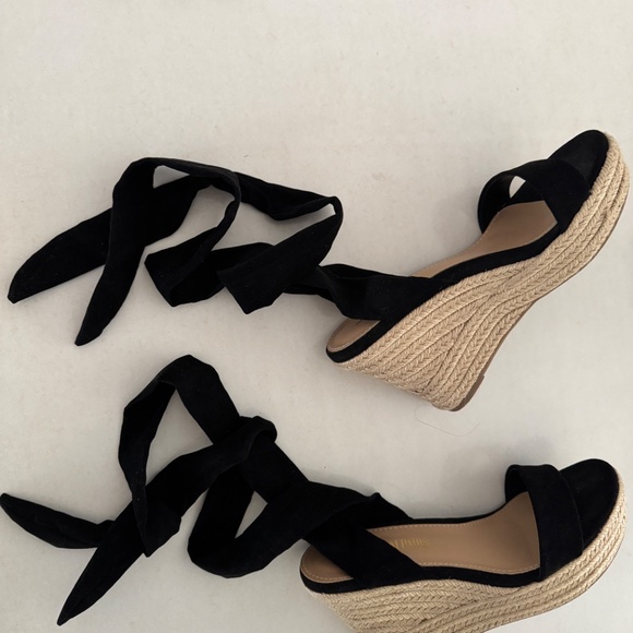 Black Espadrilles Ankle ribbon Tie Lace Up Platform Wedges sz 7 high heel shoes - Picture 12 of 13